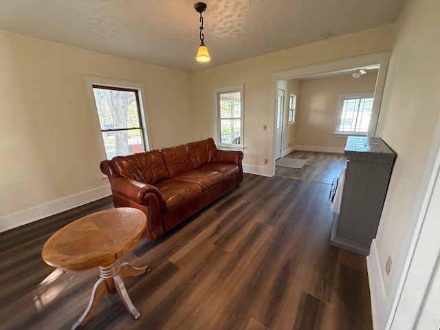 living area with baseboards, plenty of natural light, and dark wood-style flooring