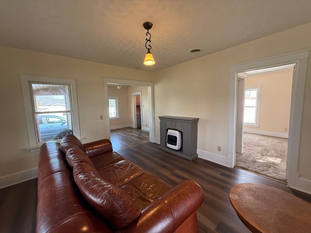 living room featuring visible vents, baseboards, and dark wood-style floors