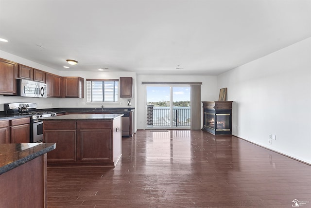 kitchen featuring a sink, stainless steel appliances, dark wood-style floors, and a glass covered fireplace