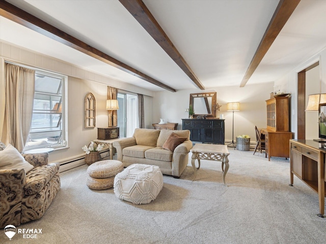 living area with a baseboard radiator, plenty of natural light, carpet, and beam ceiling