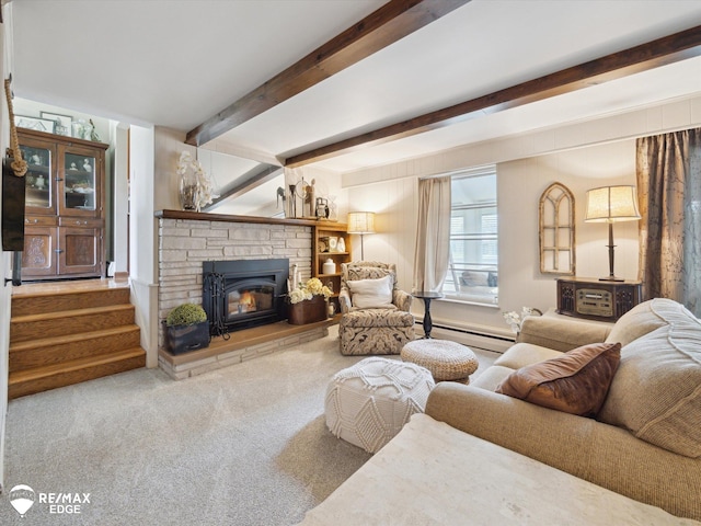 carpeted living area with beamed ceiling, a fireplace, and a baseboard heating unit