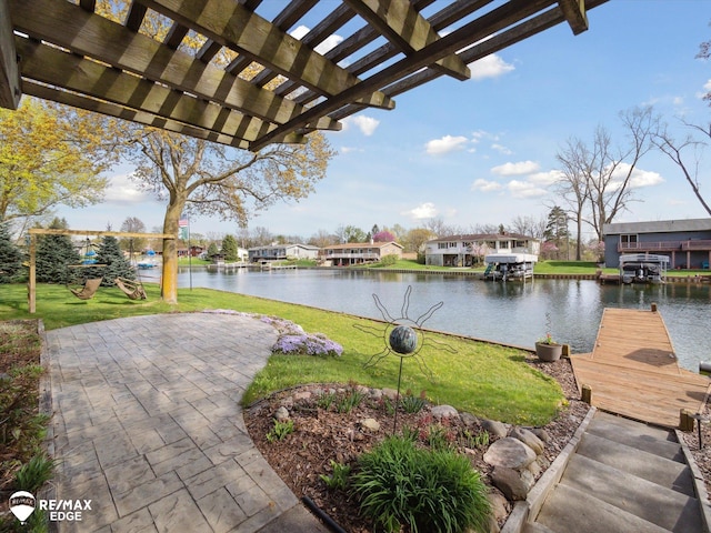 exterior space featuring a boat dock, a residential view, a patio, a water view, and a pergola