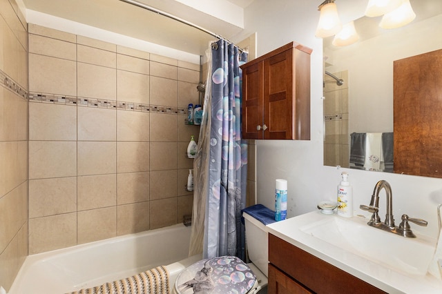 full bath with shower / bathtub combination with curtain and vanity