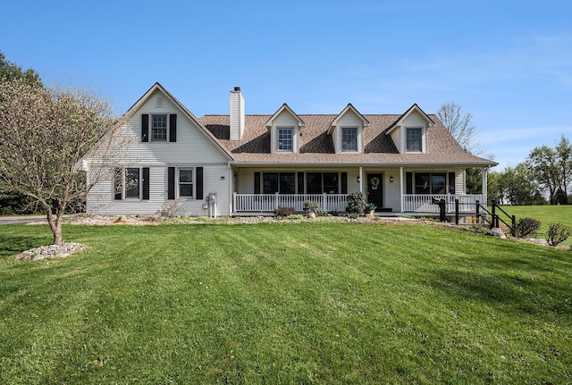 cape cod-style house featuring roof with shingles, covered porch, a chimney, and a front yard