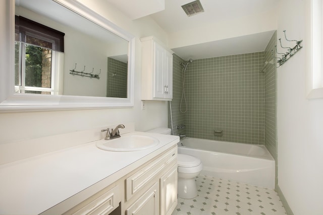 full bath with visible vents, tub / shower combination, toilet, and vanity