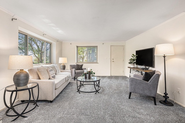 living area featuring crown molding, carpet floors, plenty of natural light, and baseboards