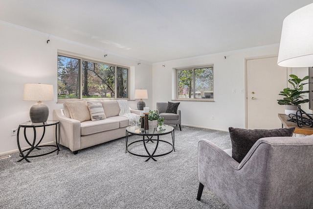 living area with baseboards, carpet flooring, plenty of natural light, and ornamental molding