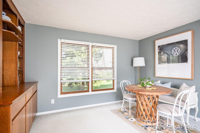 dining room featuring carpet flooring, a textured ceiling, and baseboards