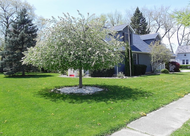 view of home's exterior featuring a lawn and a shingled roof