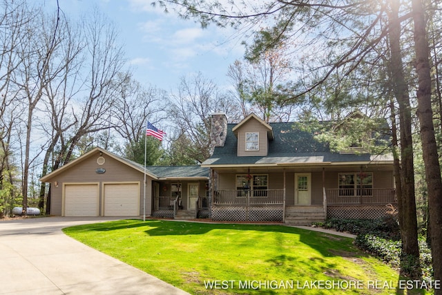 3087 38th St, Hamilton, MI 49419 - view of front of home with a garage, a front lawn, a chimney, concrete driveway, and a porch