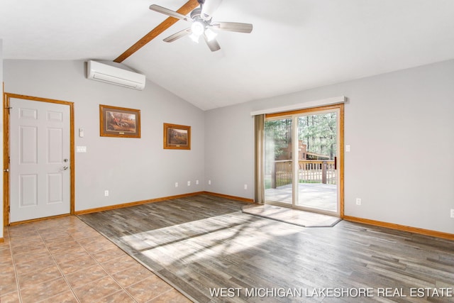 3087 38th St, Hamilton, MI 49419 - spare room with baseboards, ceiling fan, a wall mounted AC, and vaulted ceiling with beams