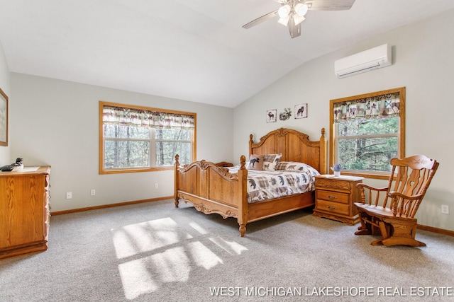 3087 38th St, Hamilton, MI 49419 - bedroom with carpet floors, baseboards, an AC wall unit, and lofted ceiling