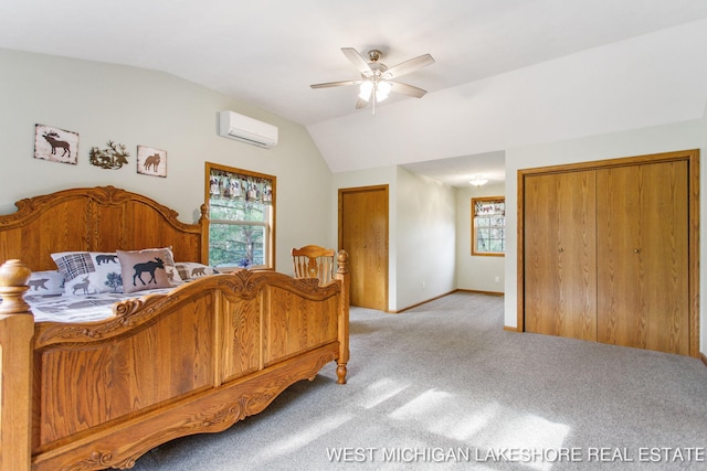 3087 38th St, Hamilton, MI 49419 - bedroom featuring light colored carpet, lofted ceiling, a wall unit AC, and multiple windows