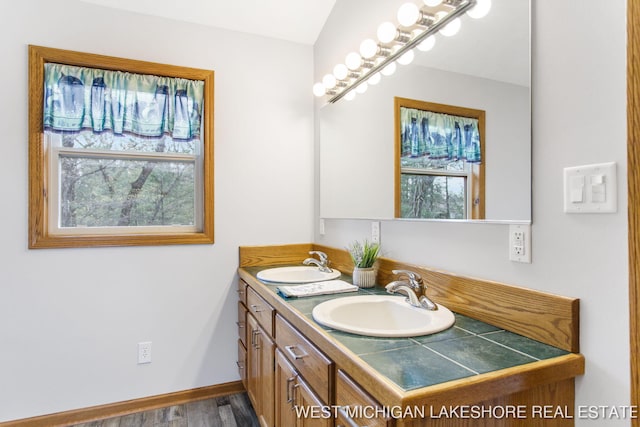 3087 38th St, Hamilton, MI 49419 - full bath featuring double vanity, a sink, baseboards, and wood finished floors