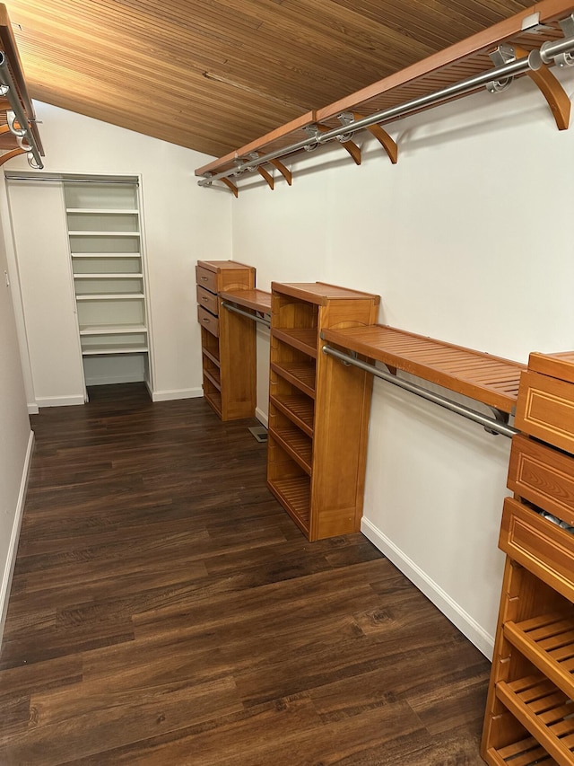 walk in closet with dark wood-style floors