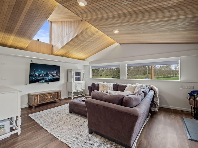 living room featuring wood ceiling and a healthy amount of sunlight