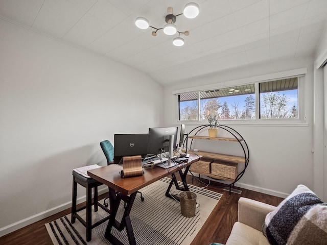 office area featuring baseboards, an inviting chandelier, and wood finished floors