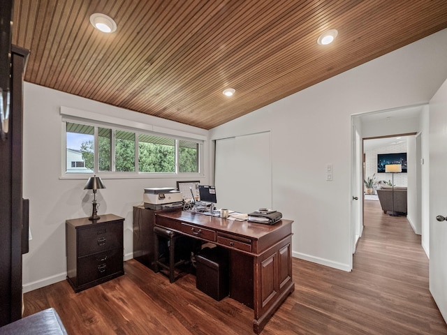 office space with baseboards, dark wood finished floors, wood ceiling, and lofted ceiling