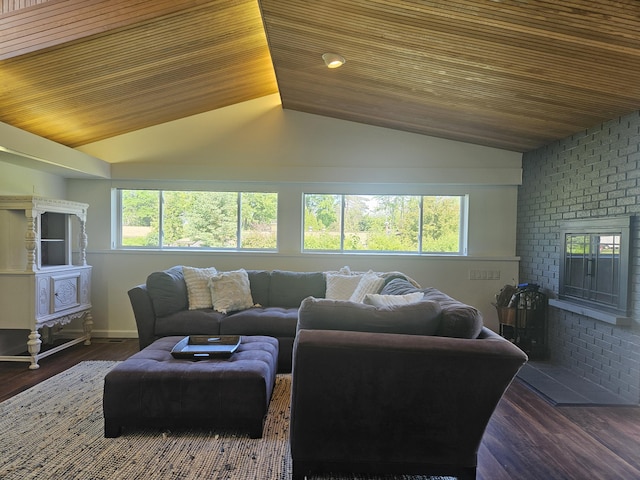 2330 N Pine Center Dr, West Bloomfield, MI 48323 - living room with wooden ceiling, vaulted ceiling, healthy amount of natural light, wood finished floors, and a brick fireplace