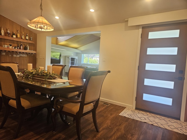 2330 N Pine Center Dr, West Bloomfield, MI 48323 - dining room with dark wood-type flooring, vaulted ceiling, and recessed lighting