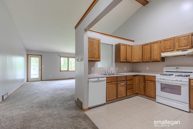 kitchen with white appliances, brown cabinets, and under cabinet range hood
