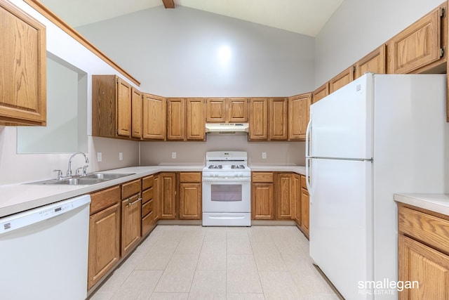 kitchen with a sink, white appliances, light countertops, brown cabinetry, and under cabinet range hood
