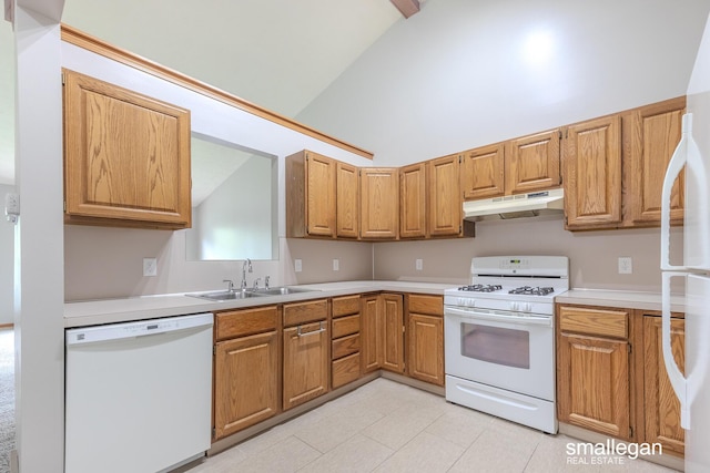 kitchen featuring white appliances, high vaulted ceiling, light countertops, under cabinet range hood, and a sink