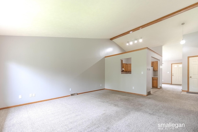 unfurnished living room featuring baseboards, lofted ceiling with beams, visible vents, and light carpet
