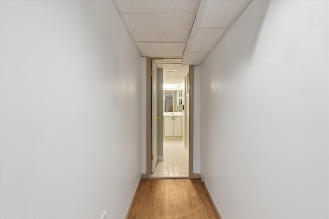 hall featuring baseboards, light wood-style flooring, and a paneled ceiling