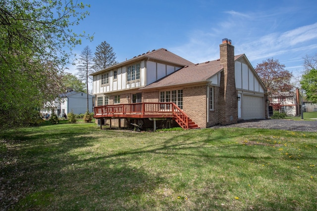 1683 Mark Hopkins Rd, Bloomfield Hills, MI 48302 - rear view of property with a chimney, brick siding, an attached garage, a yard, and a wooden deck