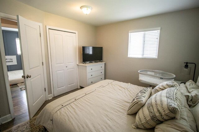 bedroom with wood finished floors and a closet