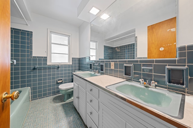 605 S Higbie Pl, Grosse Pointe Woods, MI 48236 - full bathroom with tile walls, tile patterned floors, toilet, double vanity, and a shower