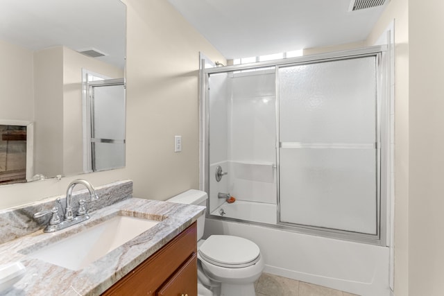 full bath with vanity, toilet, shower / bath combination with glass door, and visible vents