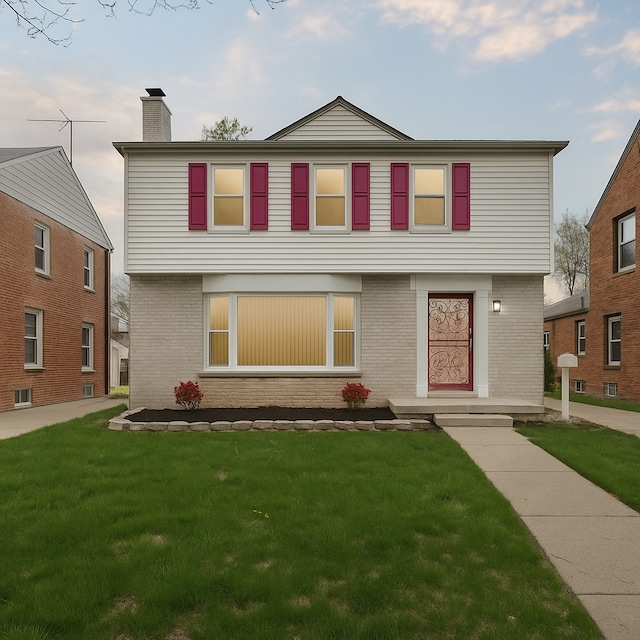 17172 Huntington Rd, Detroit, MI 48219 - colonial inspired home featuring a chimney, a front lawn, and brick siding