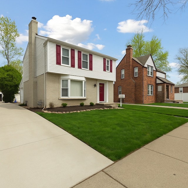 17172 Huntington Rd, Detroit, MI 48219 - colonial inspired home featuring brick siding, a front yard, and a chimney