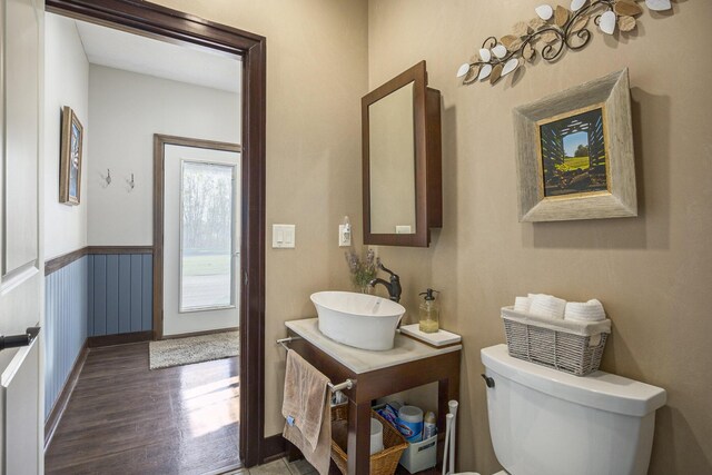 bathroom with toilet, baseboards, wood finished floors, and vanity