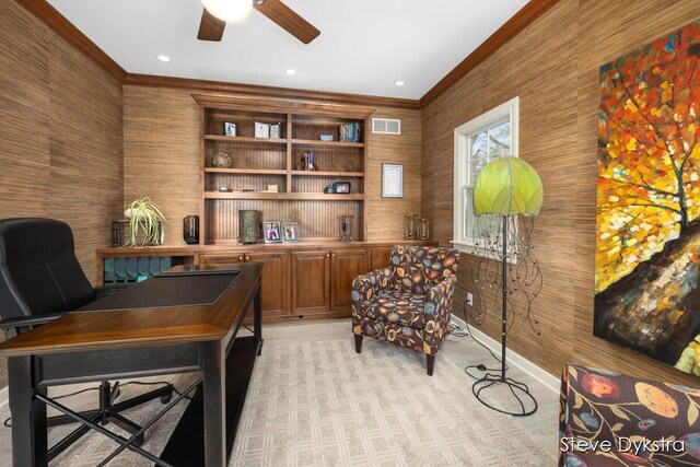 office with crown molding, ceiling fan, and visible vents