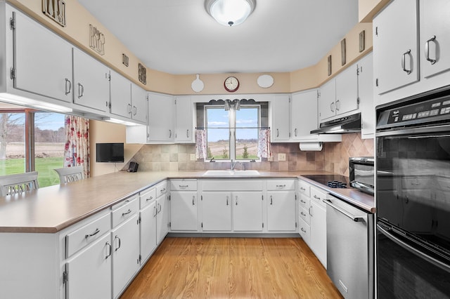 3529 E Lemon Creek Rd, Berrien Springs, MI 49103 - kitchen with a sink, under cabinet range hood, black appliances, a peninsula, and backsplash