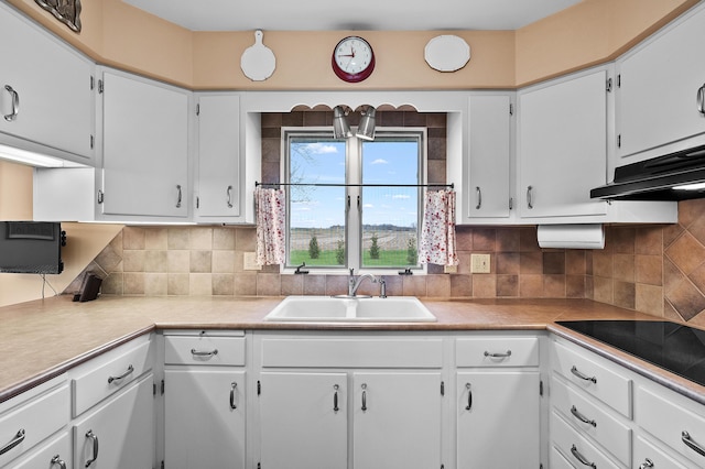 3529 E Lemon Creek Rd, Berrien Springs, MI 49103 - kitchen featuring a sink, white cabinets, light countertops, black electric stovetop, and decorative backsplash