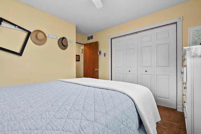 3529 E Lemon Creek Rd, Berrien Springs, MI 49103 - bedroom with dark colored carpet, a closet, and ceiling fan