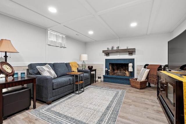 3529 E Lemon Creek Rd, Berrien Springs, MI 49103 - living area featuring wood finished floors, recessed lighting, a fireplace, coffered ceiling, and wainscoting