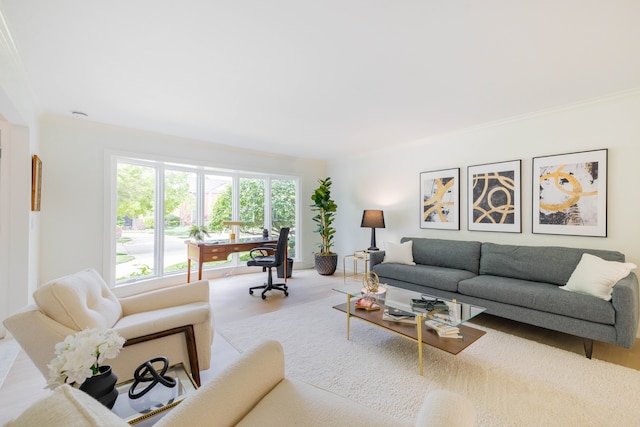 living room with crown molding and wood finished floors