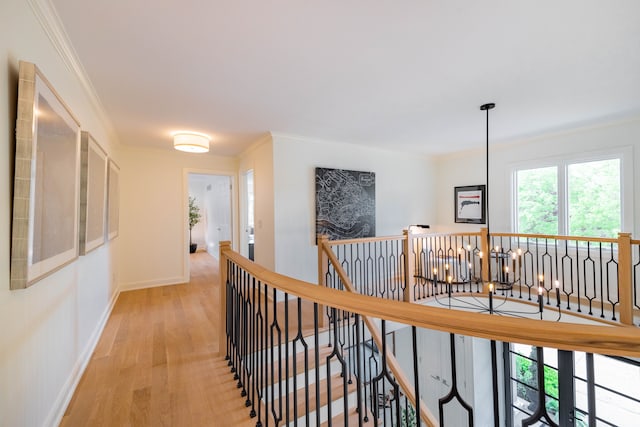 hall featuring an upstairs landing, light wood-style floors, ornamental molding, and baseboards