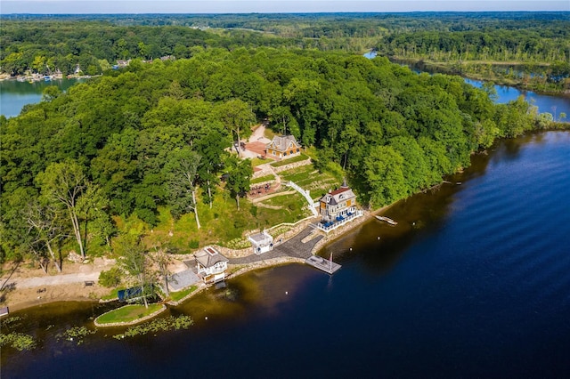 birds eye view of property featuring a water view and a wooded view