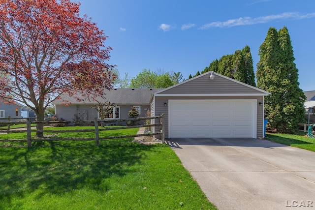 single story home featuring fence, a front lawn, and a garage