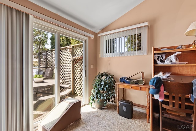 interior space featuring carpet floors and vaulted ceiling