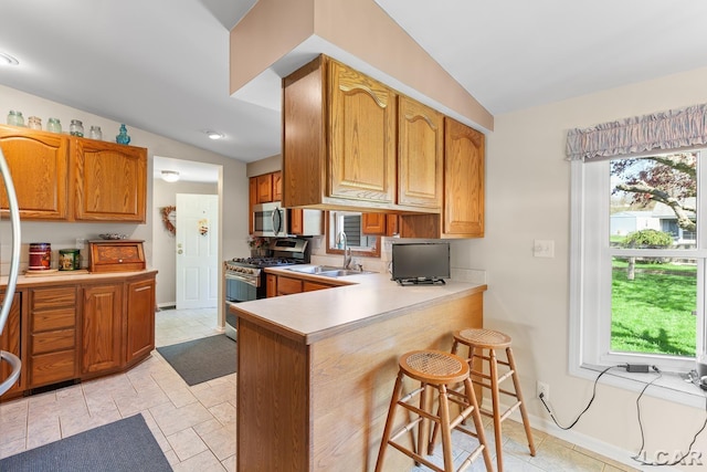 kitchen with a sink, appliances with stainless steel finishes, vaulted ceiling, and a wealth of natural light