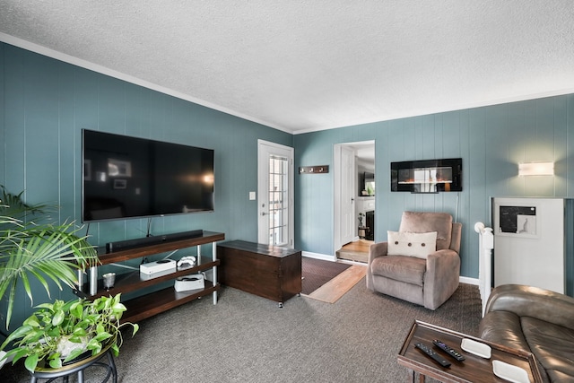 1732 14th St, Wyandotte, MI 48192 - living area featuring ornamental molding, carpet floors, and a textured ceiling