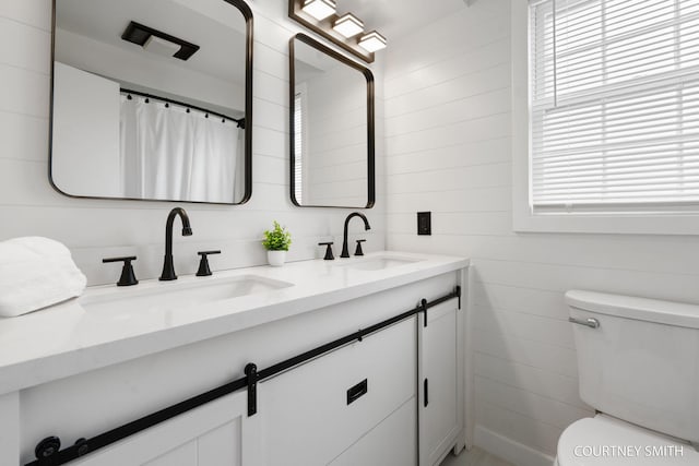 full bathroom featuring a sink, toilet, and double vanity