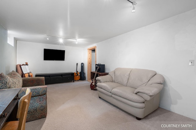 living area featuring carpet and rail lighting